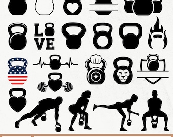 May include: A collection of black kettlebell silhouettes in various designs, including heart shapes, the American flag, and a lion's head. Also includes silhouettes of people exercising with kettlebells. The image includes the text "VECTORS by Sarmad".