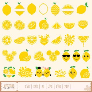 Citron SVG-paket, citronskiva SVG, lager på lager citron SVG, kawaii ansikte citron svg, citronstänk svg, citroner svg, citron klippfil, citron siluett