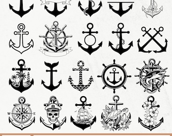 Puede incluir: Una colección de diseños de anclas negras en varios estilos. Algunas anclas presentan elementos náuticos como cuerdas, brújulas y ruedas de barco. Otros diseños incluyen una calavera, un velero y elementos tropicales. La imagen también incluye información sobre el tipo de archivo.