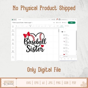 Puede incluir: Descarga digital de un dise&ntilde;o SVG en negro y rojo con un bal&oacute;n de b&eacute;isbol con un coraz&oacute;n rojo y un lazo, y el texto "Baseball Sister".