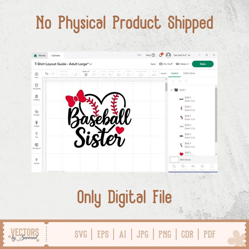 Puede incluir: Descarga digital de un dise&ntilde;o SVG en negro y rojo con un bal&oacute;n de b&eacute;isbol con un coraz&oacute;n rojo y un lazo, y el texto "Baseball Sister".