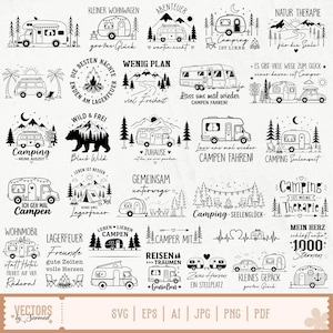 May include: A collection of black and white line art illustrations featuring camping themes, including various camper vans, travel trailers, tents, mountains, pine trees, campfires, and motivational German text phrases related to outdoor travel adventures.