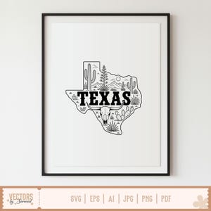 May include: Black and white art print of the state of Texas, featuring cacti, mountains, and a longhorn skull. The word "TEXAS" is prominently displayed within the state outline. The print is framed in a black frame.