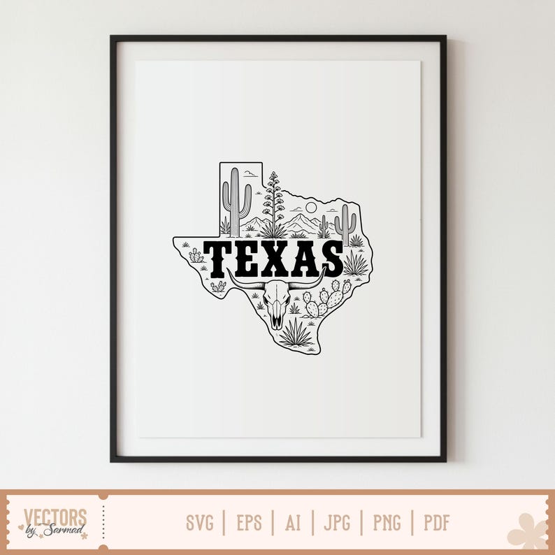 May include: Black and white art print of the state of Texas, featuring cacti, mountains, and a longhorn skull. The word "TEXAS" is prominently displayed within the state outline. The print is framed in a black frame.