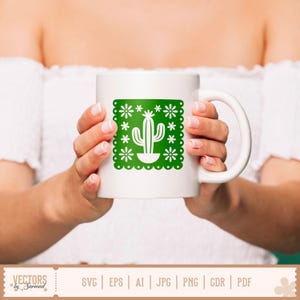 May include: White ceramic mug with a green cactus design and white flowers. The cactus is in a green square frame with a scalloped edge. The mug is held by a person. The bottom of the image has the text "VECTORS by Sarmad" and file type icons.