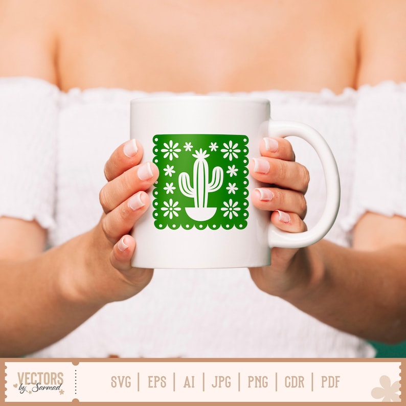 May include: White ceramic mug with a green cactus design and white flowers. The cactus is in a green square frame with a scalloped edge. The mug is held by a person. The bottom of the image has the text "VECTORS by Sarmad" and file type icons.