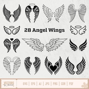 May include: A collection of 28 angel wing designs in various styles, from detailed feather patterns to geometric shapes. The wings are black on a light background, with the text "28 Angel Wings" in the center. File formats include SVG, EPS, AI, JPG, PNG, CDR, and PDF.