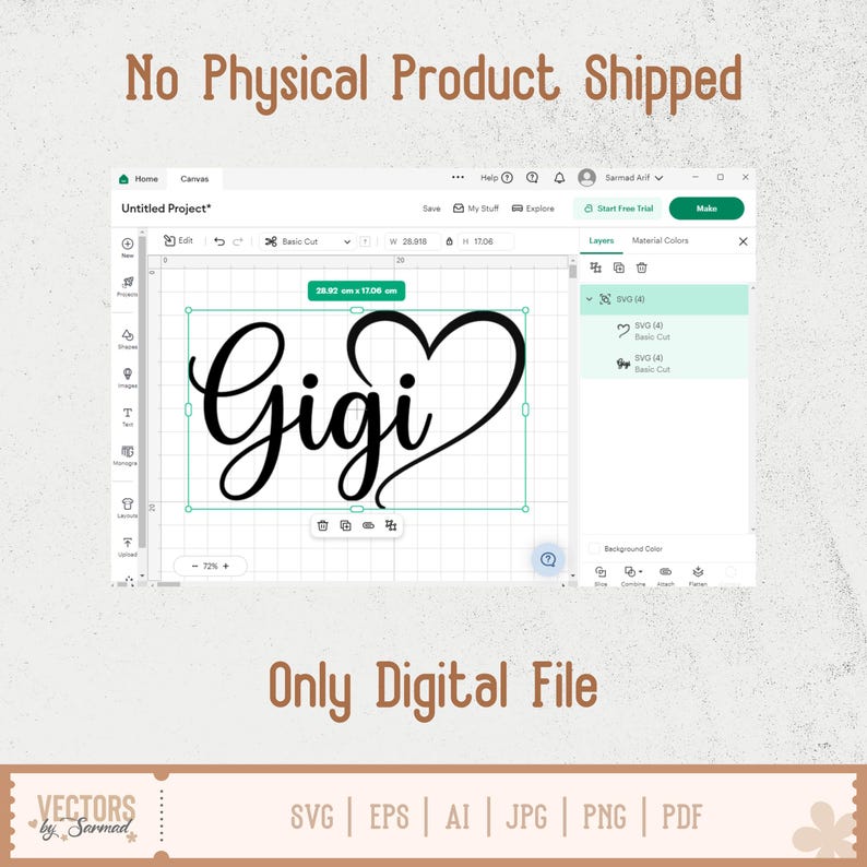 Pu&ograve; includere: Un design digitale con il nome "Gigi" in corsivo, integrato con un cuore, visualizzato su uno schermo di computer. Il testo "No Physical Product Shipped" e "Only Digital File" &egrave; presente. Formati file: SVG, EPS, AI, JPG, PNG e PDF.