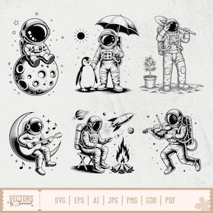 May include: Black and white illustrations of astronauts in various activities. One astronaut sits on a moon, another holds an umbrella with a penguin, and another plays a guitar on a crescent moon. Other astronauts are depicted with a shovel, a campfire, and a violin.