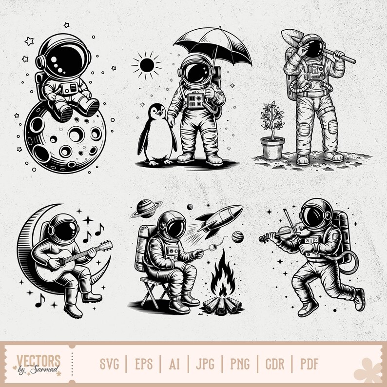 May include: Black and white illustrations of astronauts in various activities. One astronaut sits on a moon, another holds an umbrella with a penguin, and another plays a guitar on a crescent moon. Other astronauts are depicted with a shovel, a campfire, and a violin.