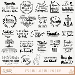 Könnte beinhalten: Eine Sammlung von fünfundzwanzig schwarz-weißen digitalen Grafikdesigns mit verschiedenen deutschen Sprüchen über Familie und Zuhause, inklusive dekorativer Elemente wie Anker, Bäume, Herzen und Blumenkränze in einem Rasterlayout.