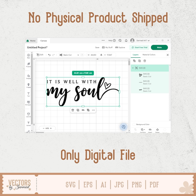 Puede incluir: Un dise&ntilde;o digital que se muestra en la pantalla de una computadora, con el texto "IT IS WELL WITH my soul" en una escritura fluida. La imagen tambi&eacute;n incluye el texto "No Physical Product Shipped" y "Only Digital File". El dise&ntilde;o est&aacute; disponible en formatos SVG, EPS, AI, JPG, PNG y PDF.