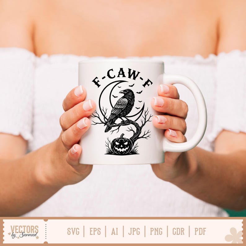 May include: White ceramic mug featuring a black raven perched on a branch with a crescent moon and pumpkin design. The mug has the text "F-CAW-F" in black. A Halloween-themed design.