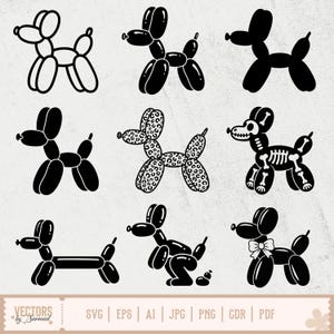 Könnte beinhalten: Eine Sammlung von neun Ballonhund-Illustrationen in Schwarz und Weiß. Die Designs umfassen einfarbiges Schwarz, einen Leoparden-Print und einen Skelett-Hund. Der untere Teil des Bildes enthält den Text "VECTORS by Sarmad" und Dateitypoptionen.
