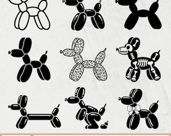 May include: A collection of nine balloon dog illustrations in black and white. The designs include solid black, a leopard print, and a skeleton dog. The bottom of the image has the text "VECTORS by Sarmad" and file type options.