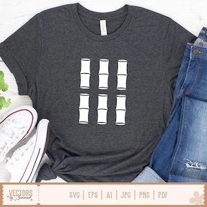May include: Dark gray t-shirt featuring a white bamboo graphic. The design consists of six bamboo stalks arranged in a grid pattern. The shirt is paired with blue jeans and white sneakers.