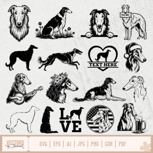 Könnte beinhalten: Eine Sammlung von Schwarz-Weiß-Illustrationen von Borzoi-Hunden in verschiedenen Posen. Einige Designs enthalten Text, Blumen und einen Weihnachtsmannhut. Das Wort "LOVE" ist ebenfalls enthalten. Am unteren Rand werden Dateitypoptionen angezeigt.