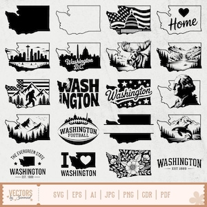 Pode incluir: Uma coleção de gráficos vetoriais em preto e branco com o estado de Washington. Os designs incluem o contorno do estado, o horizonte de Seattle, Washington D.C., um alce, montanhas, Bigfoot, uma bola de futebol e elementos florais. O texto inclui "Home", "Washington" e "The Evergreen State".