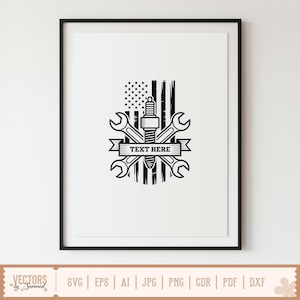 May include: Black and white framed print featuring a mechanic's emblem. The design includes a spark plug, wrenches, and a banner with the text "TEXT HERE" against a backdrop of the American flag.