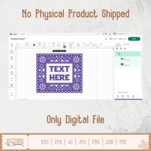 May include: A digital design on a computer screen, showing a purple square with a floral pattern and the text "TEXT HERE." The image also includes the text "No Physical Product Shipped" and "Only Digital File."