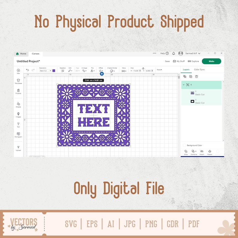 May include: A digital design on a computer screen, showing a purple square with a floral pattern and the text "TEXT HERE." The image also includes the text "No Physical Product Shipped" and "Only Digital File."