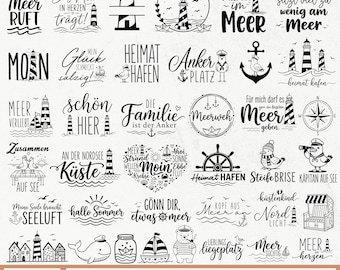 Puede incluir: Una colección de gráficos vectoriales de temática náutica en blanco y negro. Los diseños incluyen faros, anclas, veleros y frases como "Puerto de origen" y "Amante del mar".
