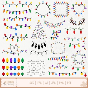 May include: A collection of digital vector illustrations featuring various strings of colorful holiday lights, including straight, wavy, and looped designs, as well as individual light bulbs, star, heart, and tree-shaped arrangements.