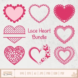 Könnte beinhalten: Eine Sammlung von rosa Spitzenherz-Designs, darunter massive, offene und gemusterte Stile. Der Text "Lace Heart Bundle" wird angezeigt. Formate: SVG, EPS, AI, JPG, PNG, CDR und PDF.