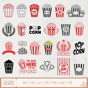 May include: A collection of popcorn-themed vector graphics in red, black, and white. Designs include popcorn buckets, kernels, and text elements like "Popcorn" and "I'm just here for the popcorn." The graphics are suitable for various creative projects.