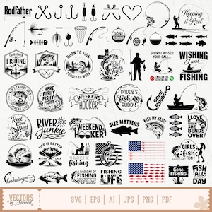 May include: A collection of black and white fishing-themed vector graphics. Includes fishing rods, hooks, fish silhouettes, and text designs such as "Gone Fishing," "Reel Cool Dad," and "Weekend Hooker." Ideal for crafting projects.
