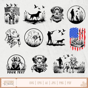 May include: A collection of twelve black and white vector illustrations featuring hunting scenes with Labrador retriever dogs, ducks, and hunters. Some designs include an American flag, circular frames, and the placeholder text YOUR TEXT.