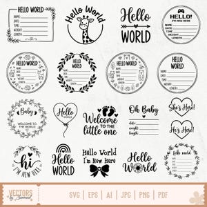 Puede incluir: Una colección de veinte diseños digitales en blanco y negro que presentan plantillas de anuncio de nacimiento con texto como Hello World, Oh Baby y Welcome to the Little One, decorados con ilustraciones de jirafas, animales, hojas y corazones.