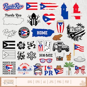 May include: A collection of Puerto Rican themed graphics, including flags, map outlines, and text elements. Designs feature the Puerto Rican flag, the word "Puerto Rico", and other cultural symbols. The color palette includes red, white, and blue.