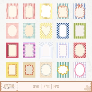 Peut inclure: Une collection de vingt cadres décoratifs colorés et à motifs variés. Chaque cadre présente un intérieur blanc pour le texte ou les images, avec des fonds à rayures, à carreaux et de couleurs unies. Le bas de l'image affiche le texte "VECTORS by Sarmad" et "SVG | PNG | EPS".