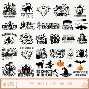 Puede incluir: Una colección de diseños gráficos de Halloween en blanco y negro con varios iconos como fantasmas, brujas, calabazas, murciélagos, gatos y búhos, acompañados de frases en alemán e inglés relacionadas con temas espeluznantes.