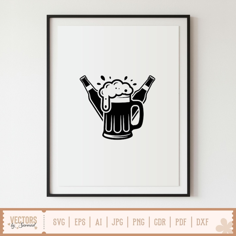 May include: Black and white framed print featuring a beer mug with foam and two beer bottles. The image is a vector graphic, suitable for various digital applications. The print is displayed on a white background.