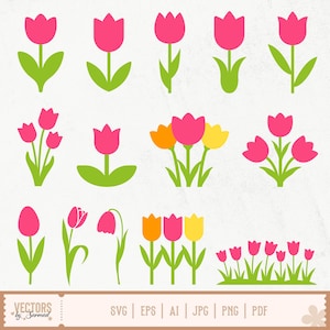 May include: A collection of pink, orange, and yellow tulip illustrations with green stems and leaves. The image includes various arrangements of the flowers, from single blooms to clusters. The bottom of the image includes the text "VECTORS by Sarmad" and file type icons.