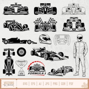 Könnte beinhalten: Eine Sammlung von Schwarz-Weiß-Illustrationen von Formel-1-Rennwagen. Das Bild zeigt verschiedene Ansichten der Autos, einen Helm, ein Lenkrad, eine Trophäe und einen Rennfahrer. Der Text "FORMULA 1" ist ebenfalls vorhanden.
