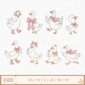 May include: A collection of eight white goose illustrations featuring pink accents, including bows, bonnets, and boots. Some geese hold daisies. The bottom text reads: VECTORS by Sarmad, SVG, EPS, AI, JPG, PNG, PDF. The style is a simple line drawing.