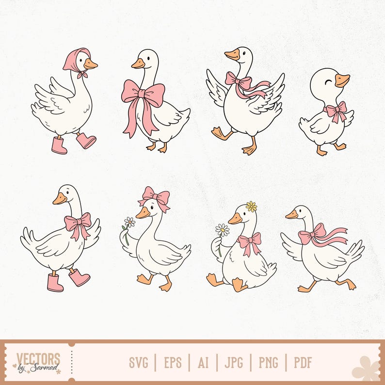 May include: A collection of eight white goose illustrations featuring pink accents, including bows, bonnets, and boots. Some geese hold daisies. The bottom text reads: VECTORS by Sarmad, SVG, EPS, AI, JPG, PNG, PDF. The style is a simple line drawing.