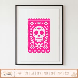 May include: A framed pink and white Day of the Dead banner. The banner features a detailed sugar skull design with floral and geometric elements. The banner is framed in a black frame and is a vector graphic.