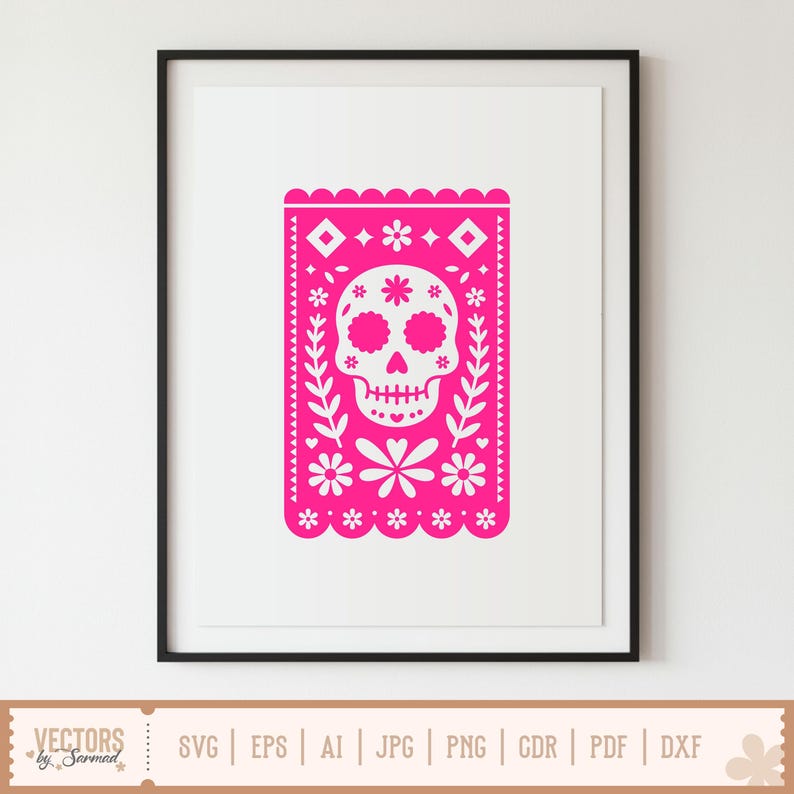 May include: A framed pink and white Day of the Dead banner. The banner features a detailed sugar skull design with floral and geometric elements. The banner is framed in a black frame and is a vector graphic.