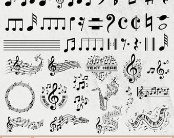 May include: A collection of black musical notes, symbols, and staff lines on a light background. Includes treble clefs, quarter notes, eighth notes, and a saxophone illustration. The text "TEXT HERE" is also present.