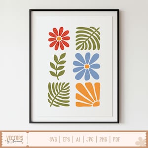 Op de afbeelding: Een ingelijste kunstprint met een bloemen- en bladerontwerp in rood, blauw, oranje en groen. Het kunstwerk bestaat uit gestileerde vormen op een witte achtergrond. De lijst is zwart. De onderkant van de afbeelding bevat de tekst "VECTORS by Sarmad" en bestandstype-opties.