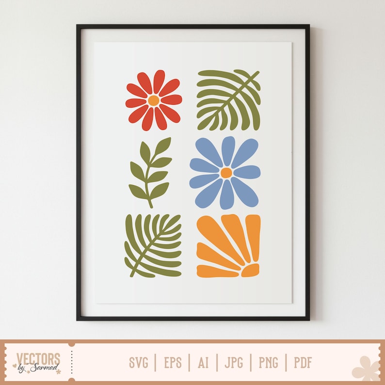 Op de afbeelding: Een ingelijste kunstprint met een bloemen- en bladerontwerp in rood, blauw, oranje en groen. Het kunstwerk bestaat uit gestileerde vormen op een witte achtergrond. De lijst is zwart. De onderkant van de afbeelding bevat de tekst "VECTORS by Sarmad" en bestandstype-opties.