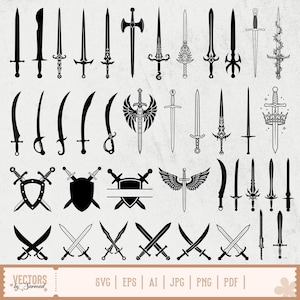 May include: A collection of black sword illustrations in various designs, including straight blades, curved sabers, and swords with shields. The image includes the text "VECTORS by Sarmad" and file type options.