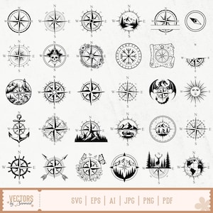 May include: A collection of thirty black and white circular compass designs featuring various motifs including mountains, a skull, flowers, an anchor, a dragon, a sun, a deer, and a globe. The bottom banner displays the text VECTORS by Sarmad SVG EPS AI JPG PNG PDF.