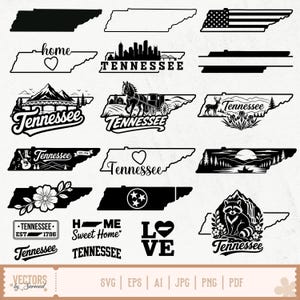 Tennessee SVG-paket, Tennessee-silhuett, Tennessee-kontur, Tennessee-hemsvg, Tennessee Varsity-svg, TN-statskarta, Cricut