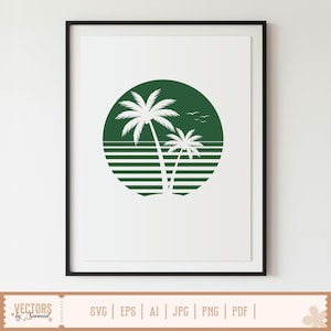 Op de afbeelding: Een ingelijste print met een tropisch ontwerp in groen en wit. Het kunstwerk toont twee palmbomen en drie vogels tegen een groene cirkel met horizontale lijnen. De print zit in een zwart frame. De onderkant van de print toont de tekst "VECTORS by Sarmad" en bestandstype-opties.