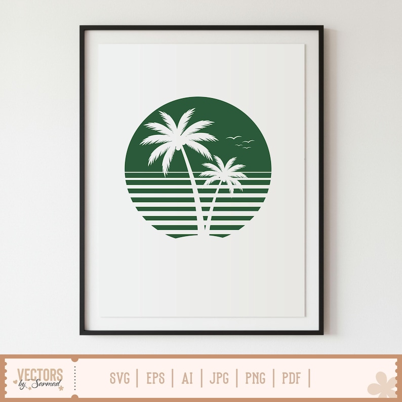 Op de afbeelding: Een ingelijste print met een tropisch ontwerp in groen en wit. Het kunstwerk toont twee palmbomen en drie vogels tegen een groene cirkel met horizontale lijnen. De print zit in een zwart frame. De onderkant van de print toont de tekst "VECTORS by Sarmad" en bestandstype-opties.